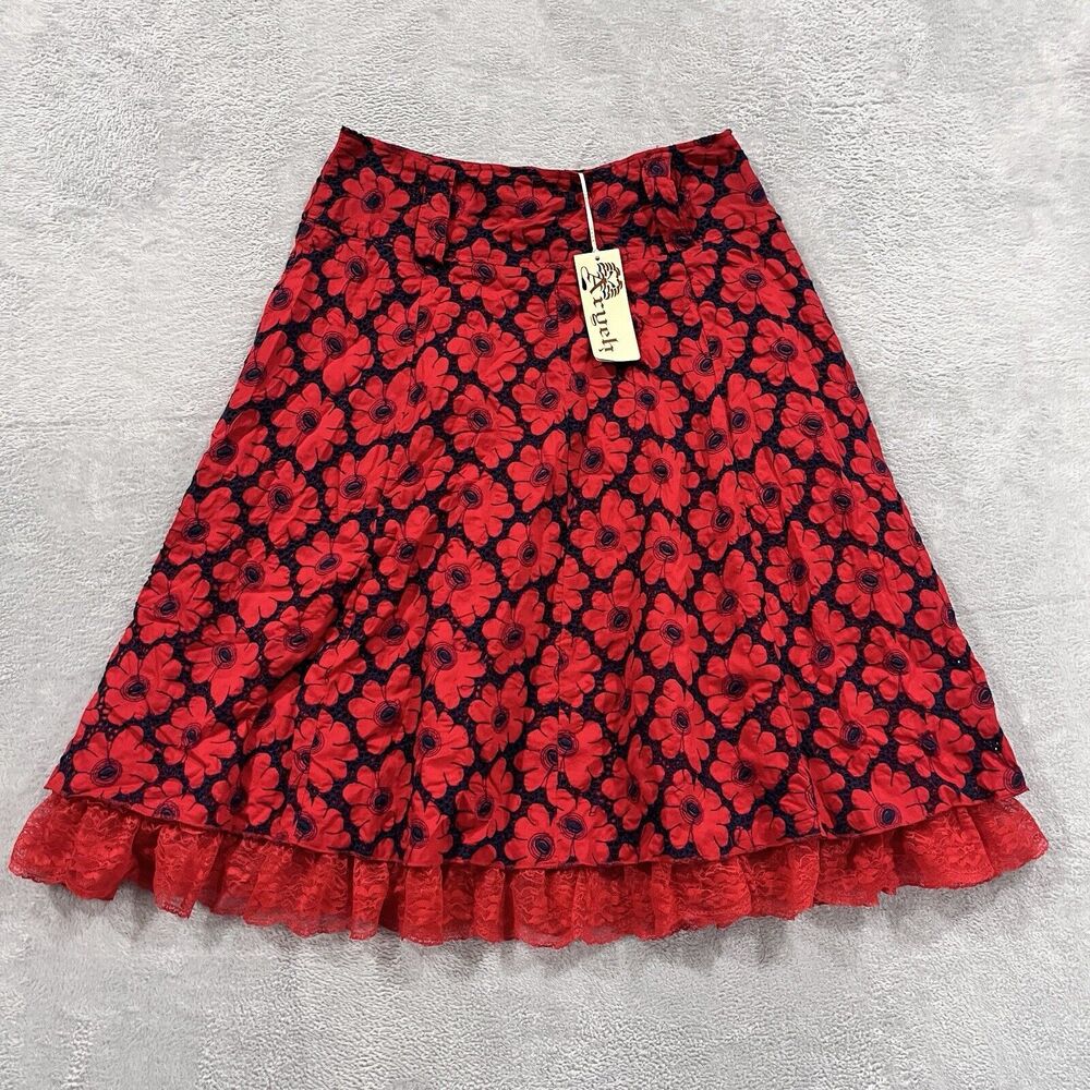 NWT Aryeh Embroidered‎ Skirt Womens L Flutter Floral Red Lined